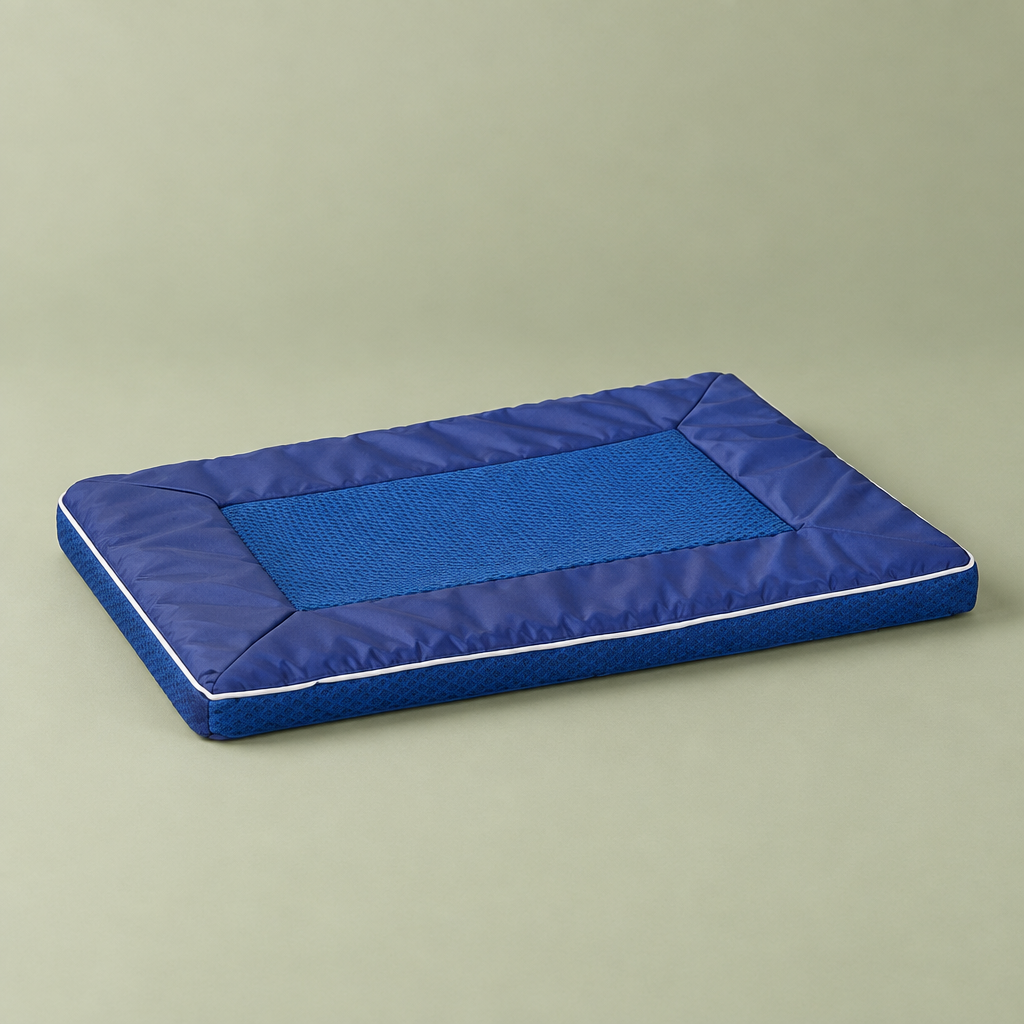 Angled view of blue Breeze Mat dog cooling pad on sage green backdrop