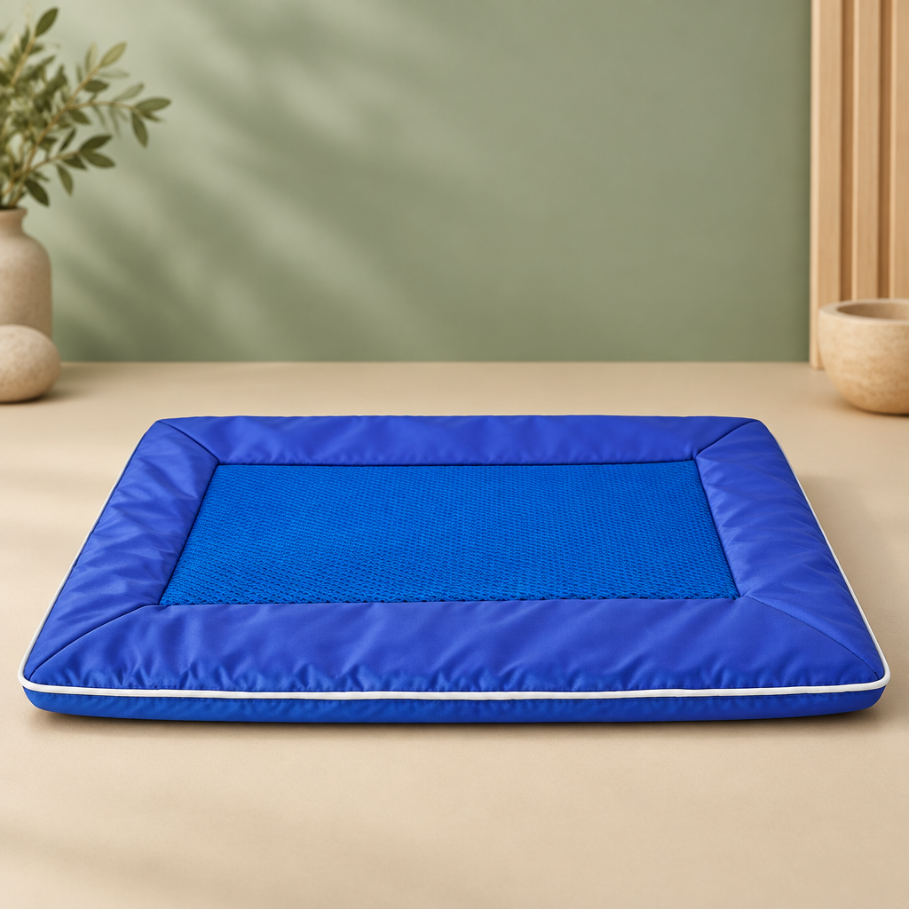 Blue Breeze Mat dog cooling pad on sage green and beige studio backdrop