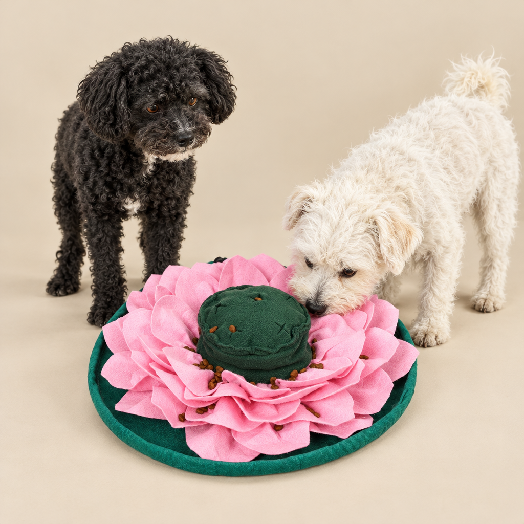 Your dogs with the flower snuffle mat on warm beige