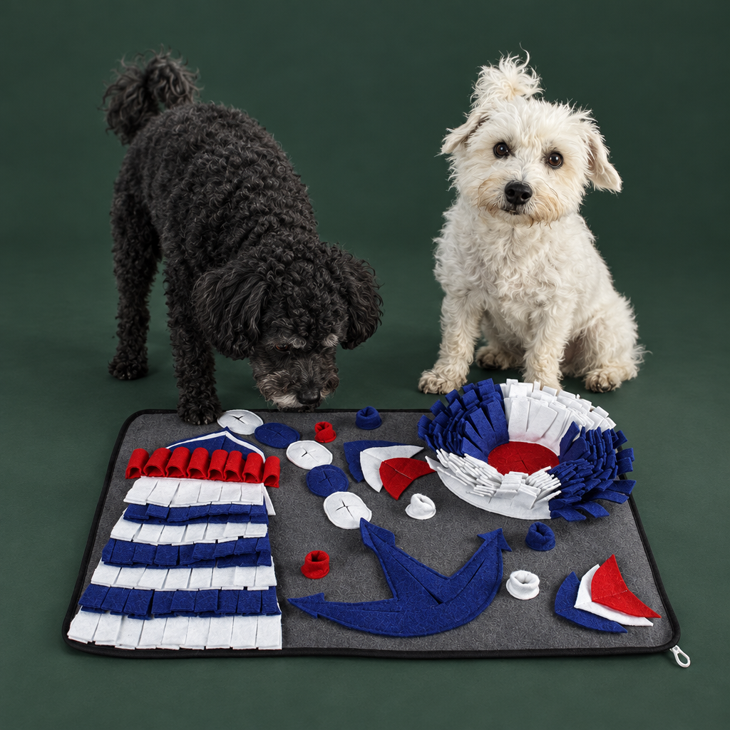 Your dogs with the gray snuffle mat on deep green