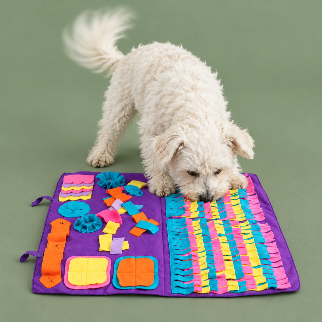 Your dogs with the purple snuffle mat on sage green